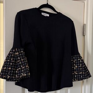 Tibi Black Top with Gold Patterned Sleeves